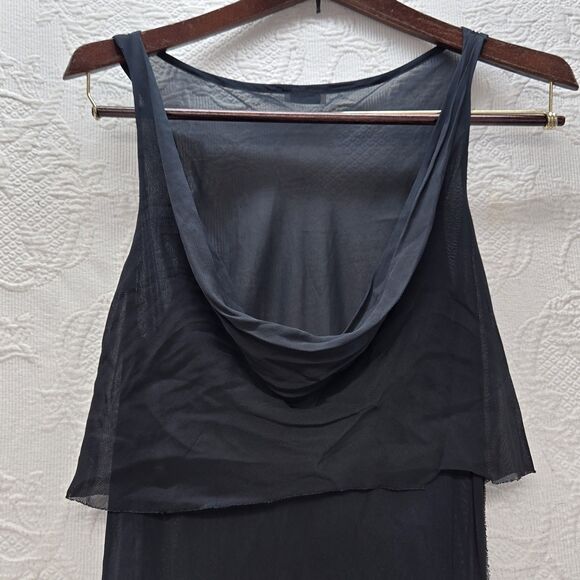 Sexy Sheer Little Black Dress Emily D Small Low Cowl Asymmetric Ruffle Skirt Tie - Picture 12 of 15